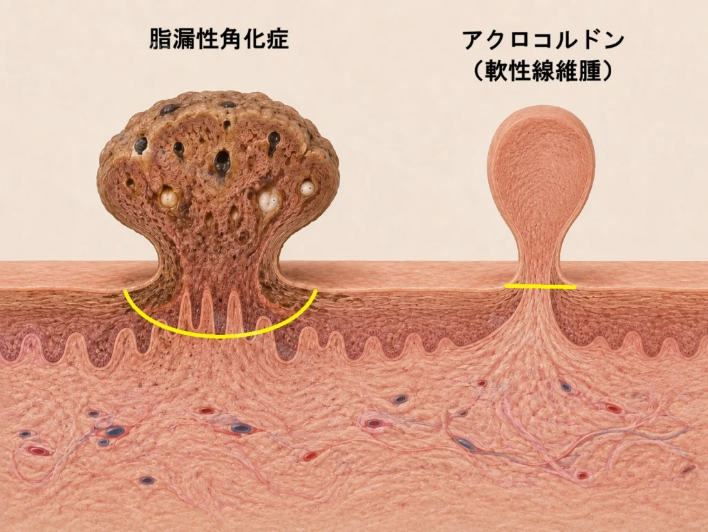 有茎性脂漏性角化症とアクロコルドンの構造を比較した皮膚断面図。脂漏性角化症は表皮に病変がみられるのに対し、アクロコルドンは皮膚が有茎状に突出しているのみ。