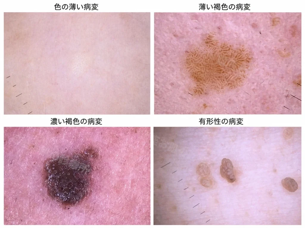 脂漏性角化症の複数の画像。色調、表面の所見、形、大きさ、隆起の程度はさまざまで、有茎性のものもみられる。