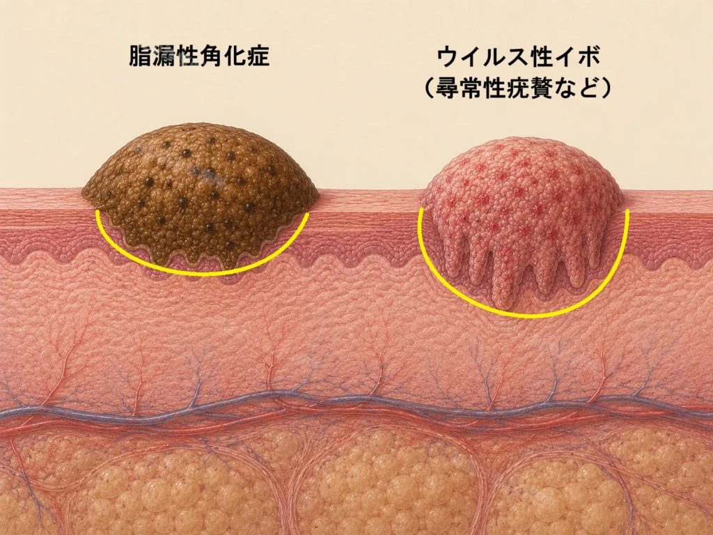 脂漏性角化症とウイルス性いぼ（尋常性疣贅）の病変の深さを比較した皮膚断面図。脂漏性角化症は表皮内にとどまり、尋常性疣贅は一部がより深く入り込む様子を示す。