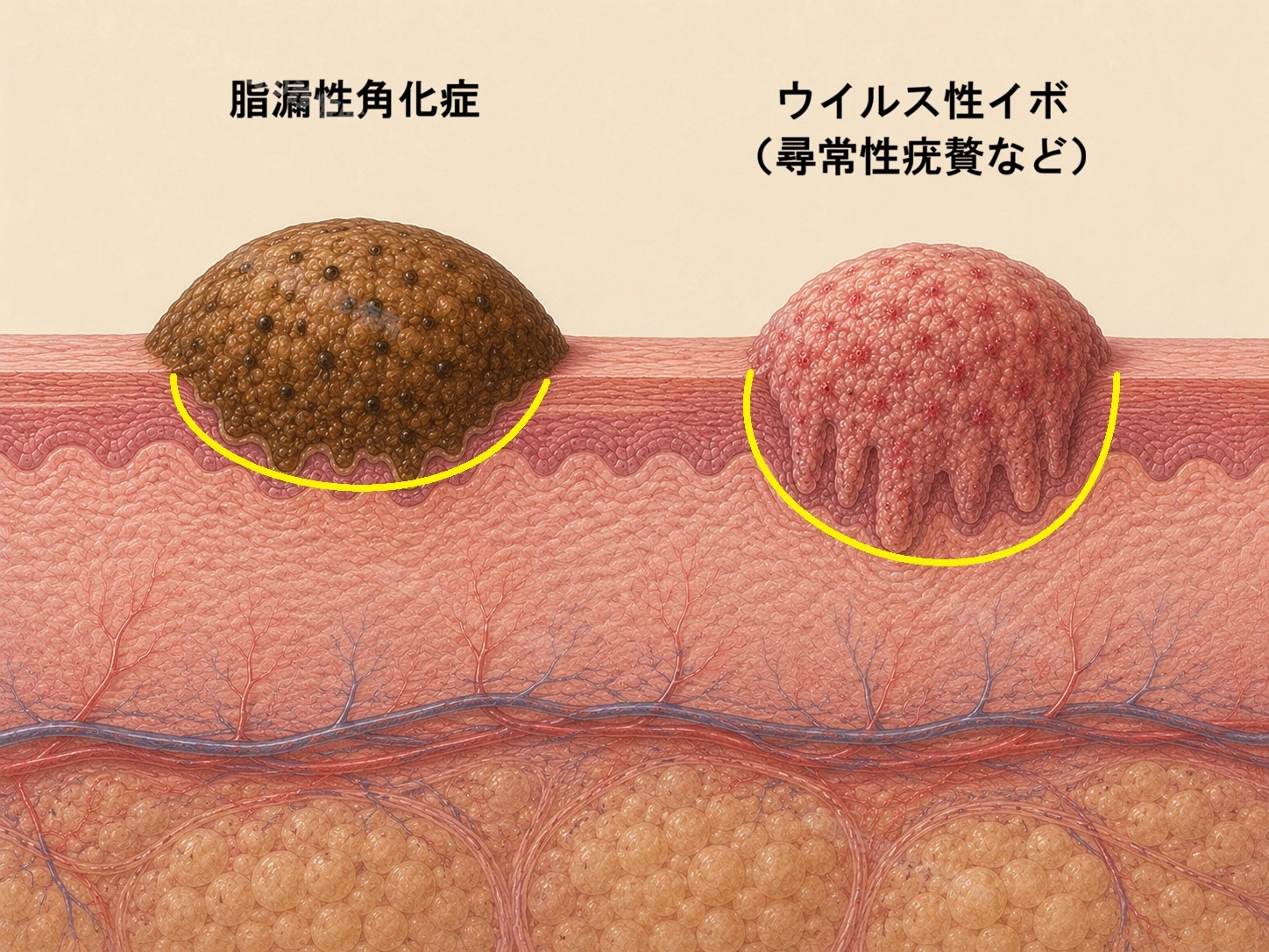 脂漏性角化症とウイルス性いぼ(尋常性疣贅)の病変の深さを比較した皮膚断面図。脂漏性角化症は表皮内にとどまり、尋常性疣贅は一部がより深く入り込む様子を示す。