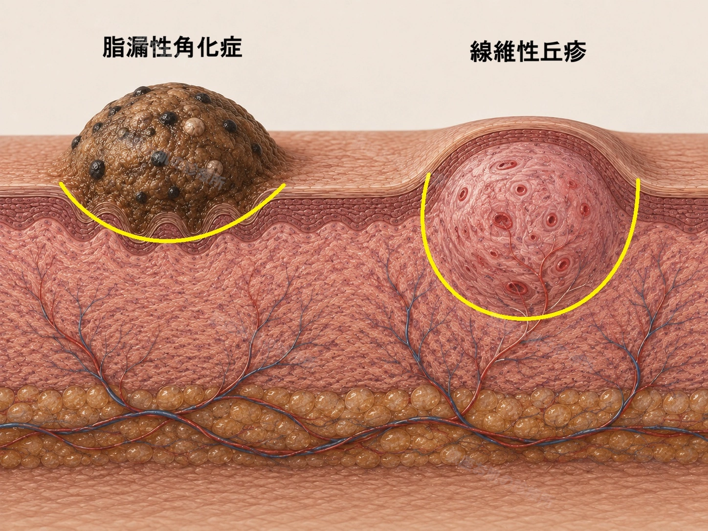 脂漏性角化症と線維性丘疹の深さを比較した皮膚断面図。脂漏性角化症は表皮内、線維性丘疹は真皮内に位置する。