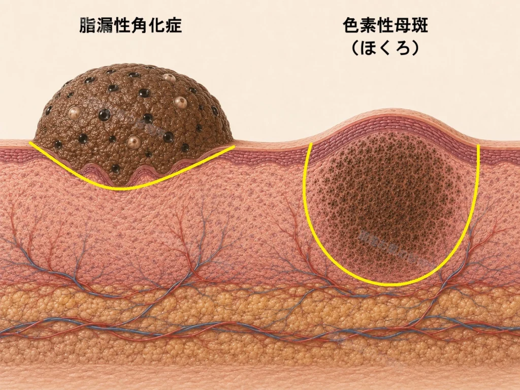脂漏性角化症と色素性母斑の深さを比較した皮膚断面図。脂漏性角化症は表皮内、色素性母斑は真皮内に位置する。