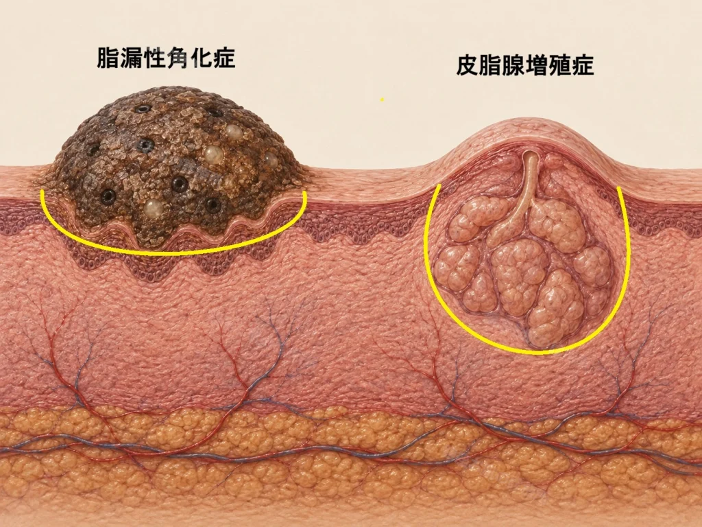 脂漏性角化症と皮脂腺増殖症の深さを比較した皮膚断面図。脂漏性角化症は表皮内、皮脂腺増殖症は真皮内に位置する。