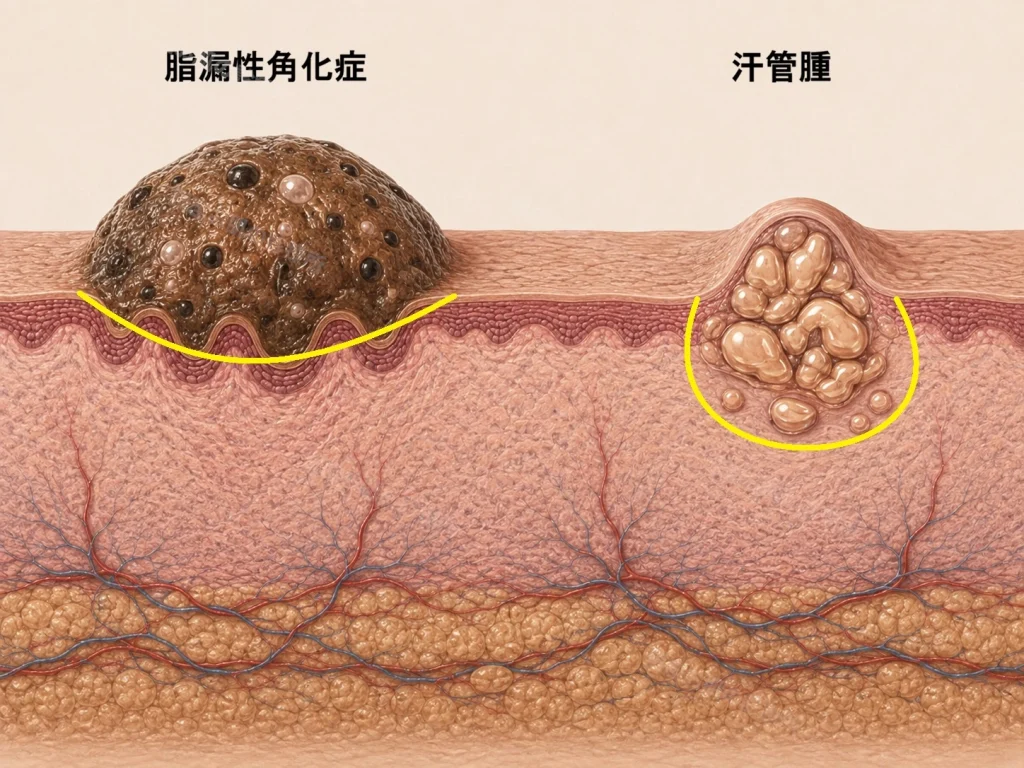 脂漏性角化症と汗管腫の深さを比較した皮膚断面図。脂漏性角化症は表皮内、汗管腫は真皮内にも位置する。
